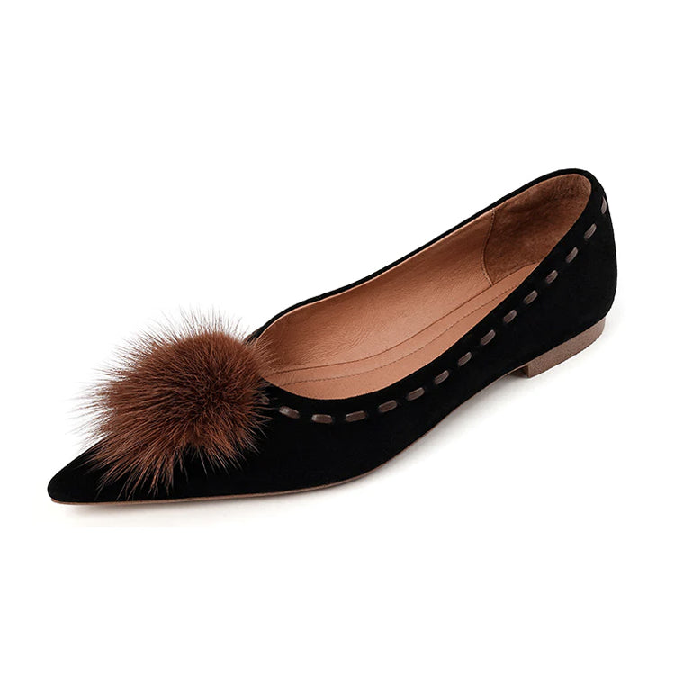 Ladies Pointy Toe  Suede Flats with Fur Decoration