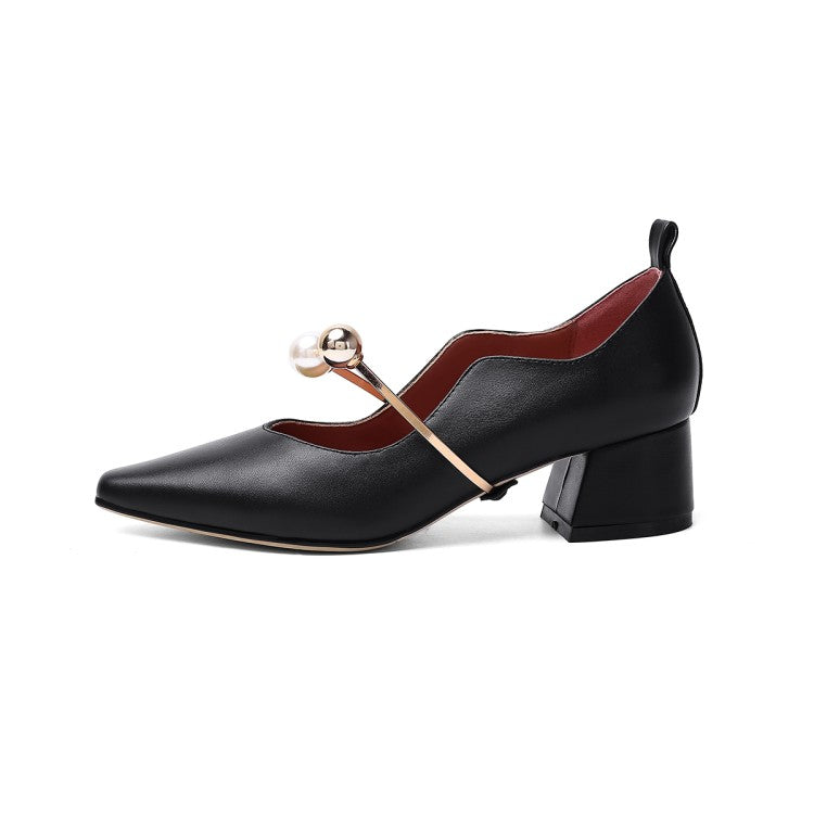 Ladies Pointy Toe Genuine Leather Block Low Heel Pumps