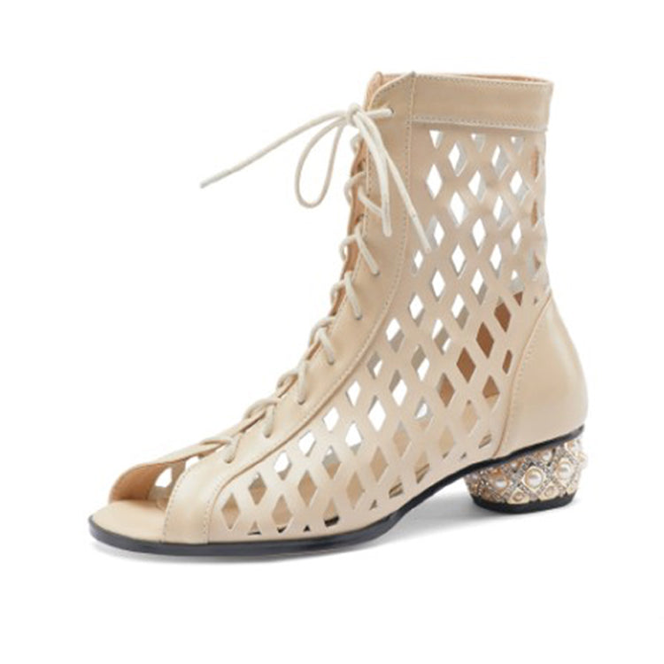 Ladies Peep Toe Lace-up Ankle Boots Boots Y2130 Apricot US5/EU34