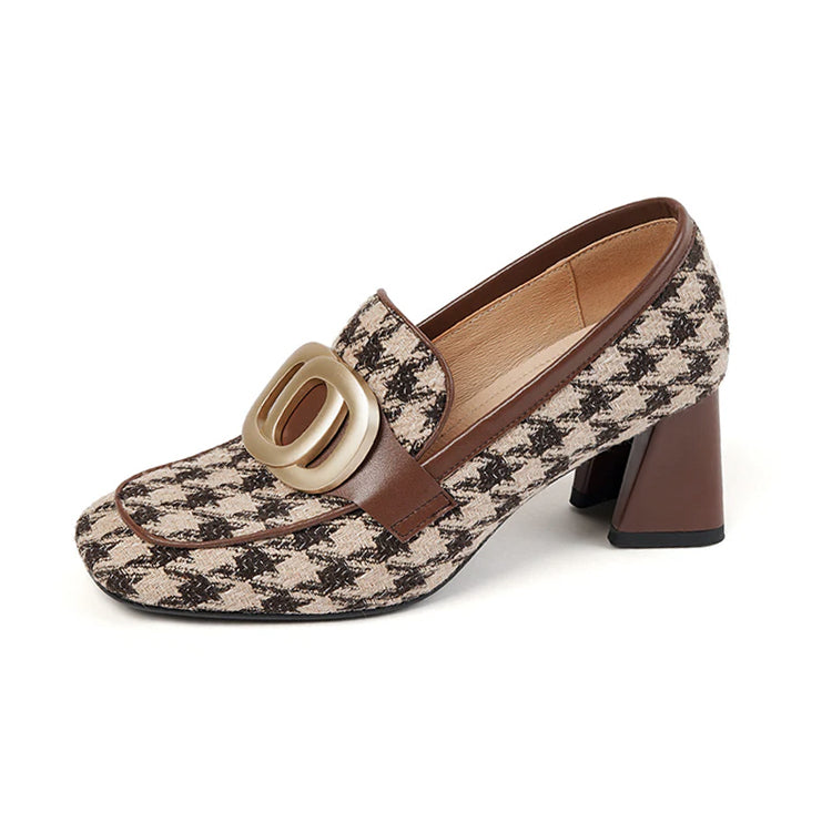 Ladies Block Heels Plaid Loafers with Chain