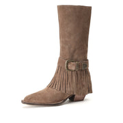Ladies Fringed Embellished Suede Mid-Calf Western Boots Boots Y2121 Brown US5.5/EU35