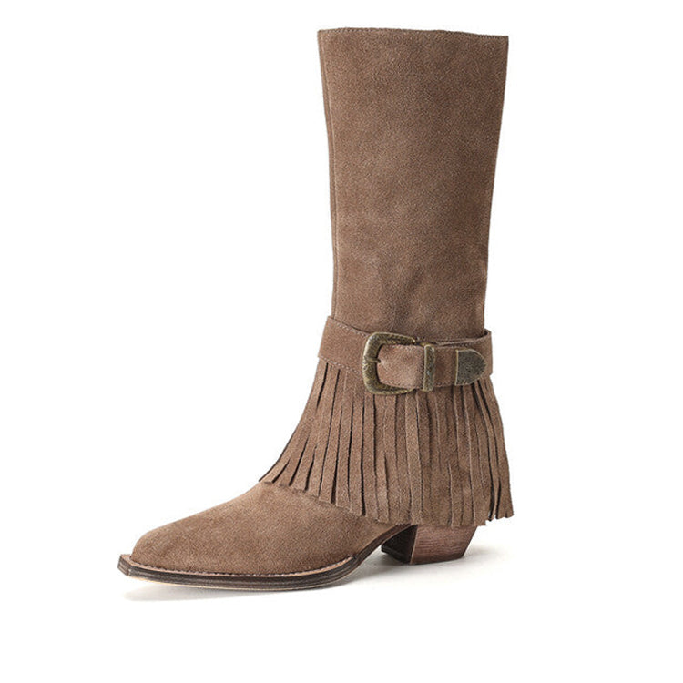 Ladies Fringed Embellished Suede Mid-Calf Western Boots Boots Y2121 Brown US5.5/EU35