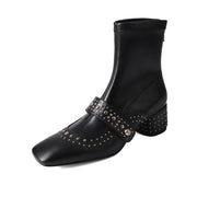Isyou ibeauty Square Toe Metal Pyramid Studs Chunky Heel Ankle Boots Y2564 Boots Y2564 Black US5/EU34