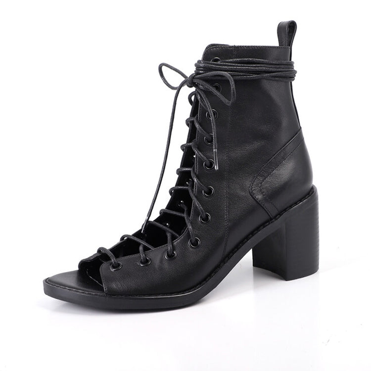 Ladies Strappy Block Heel Ankle Boots Ankle Boots Y2067 Black US5/EU34