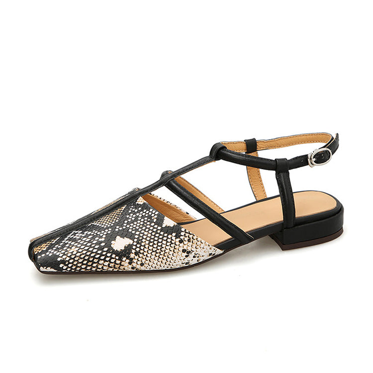 Ladies Square Toe T-Strap Leather Flats