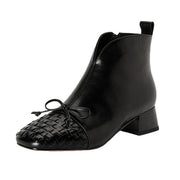 Women's Chunky Heel Round Toe Woven Ankle Boots with Bowknot Y2534 Ankle Boots Y2534 Black US5/EU34 Unlined