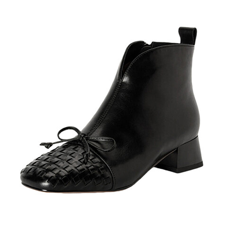 Women's Chunky Heel Round Toe Woven Ankle Boots with Bowknot Y2534 Ankle Boots Y2534 Black US5/EU34 Unlined