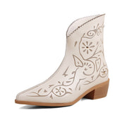 Isyou ibeauty Pointed Toe Laser-cut Leather Upper Chunky Heel Ankle Boots Y2592 Boots Y2592 Beige US5/EU34