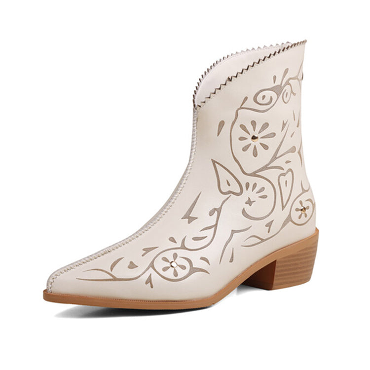 Isyou ibeauty Pointed Toe Laser-cut Leather Upper Chunky Heel Ankle Boots Y2592 Boots Y2592 Beige US5/EU34