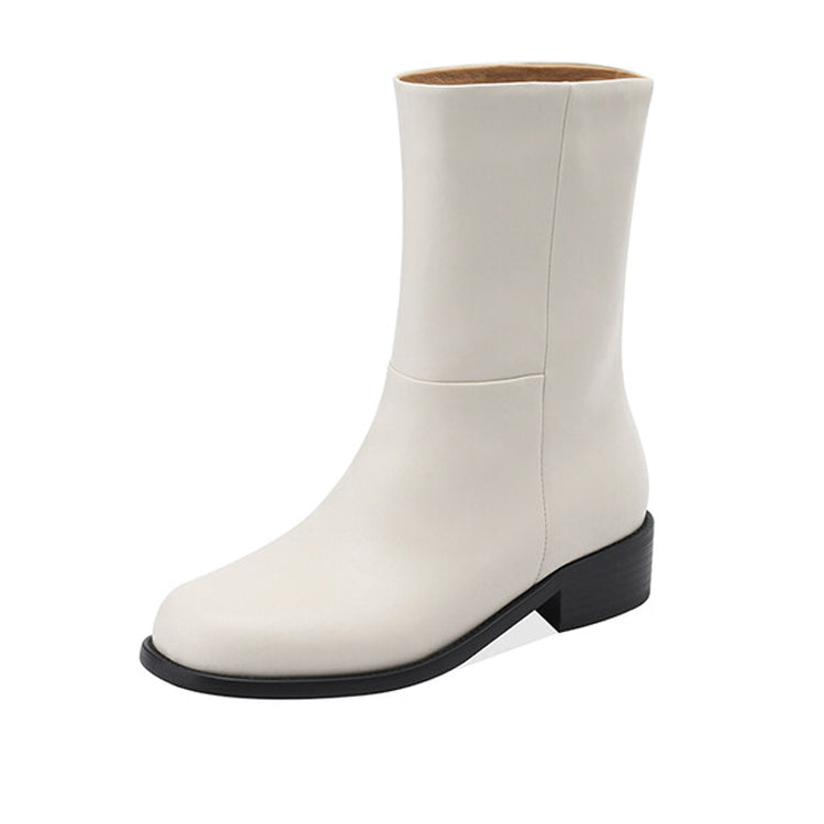 Isyou ibeauty Round Toe Leather Mid-Calf Boots Y2614 Boots Y2614 Beige US5/EU34 Leather lining