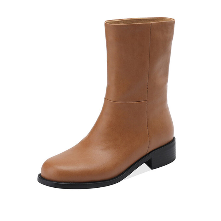 Isyou ibeauty Round Toe Leather Mid-Calf Boots Y2614 Boots Y2614 Brown US5/EU34 Leather lining