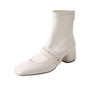 Isyou ibeauty Square Toe Metal Pyramid Studs Chunky Heel Ankle Boots Y2564 Boots Y2564 Beige US5/EU34