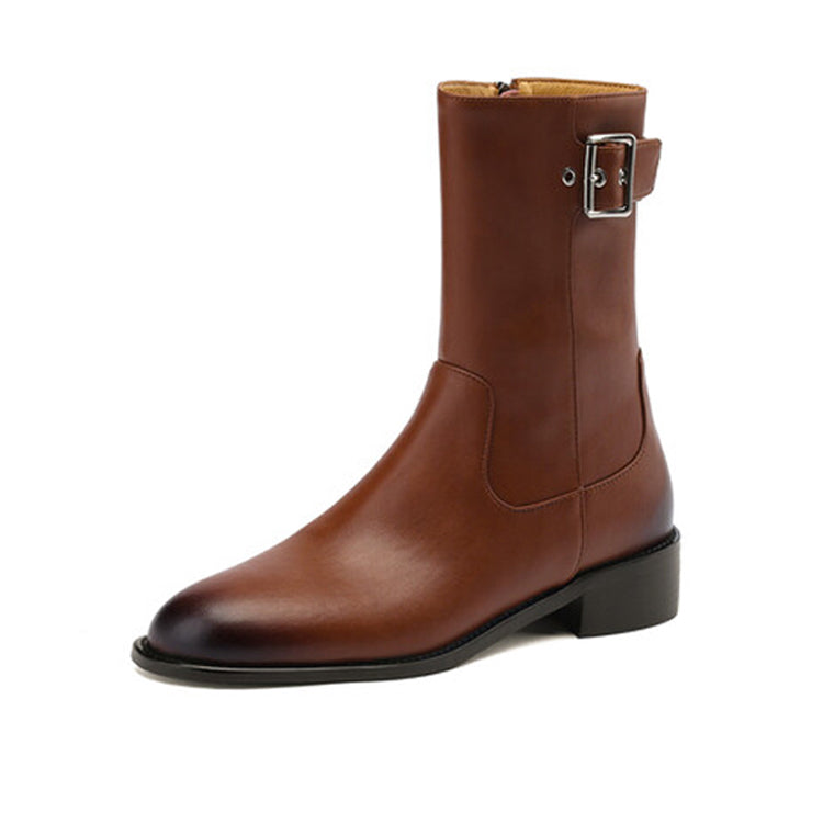 Isyou ibeauty Round Toe Leather Ankle Boots Short Boots Y2616 Boots Y2616 Brown US5/EU34 Leather lining