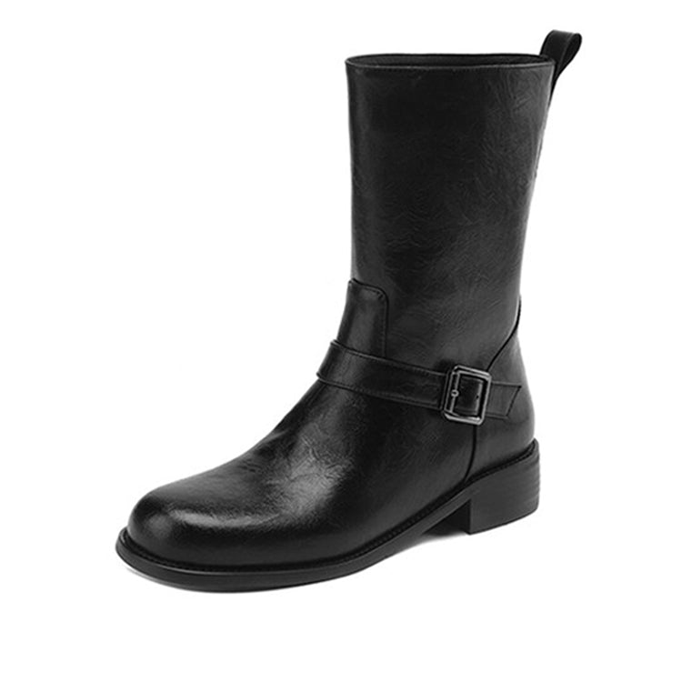 Isyou ibeauty Round Toe Leather Mid-Calf Boots Biker Boots Y2612 Boots Y2612 Black US5/EU34 Leather lining
