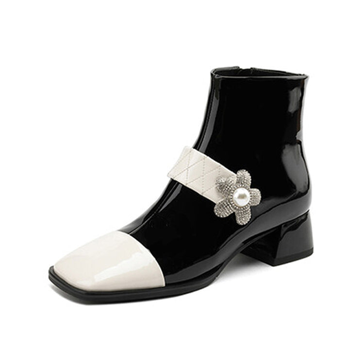 Isyou ibeauty Square Toe Flora Decoration Block Low Heel Short Boots Ankle Boots Y2606 Boots Y2606 Black US5/EU34 Leather lining