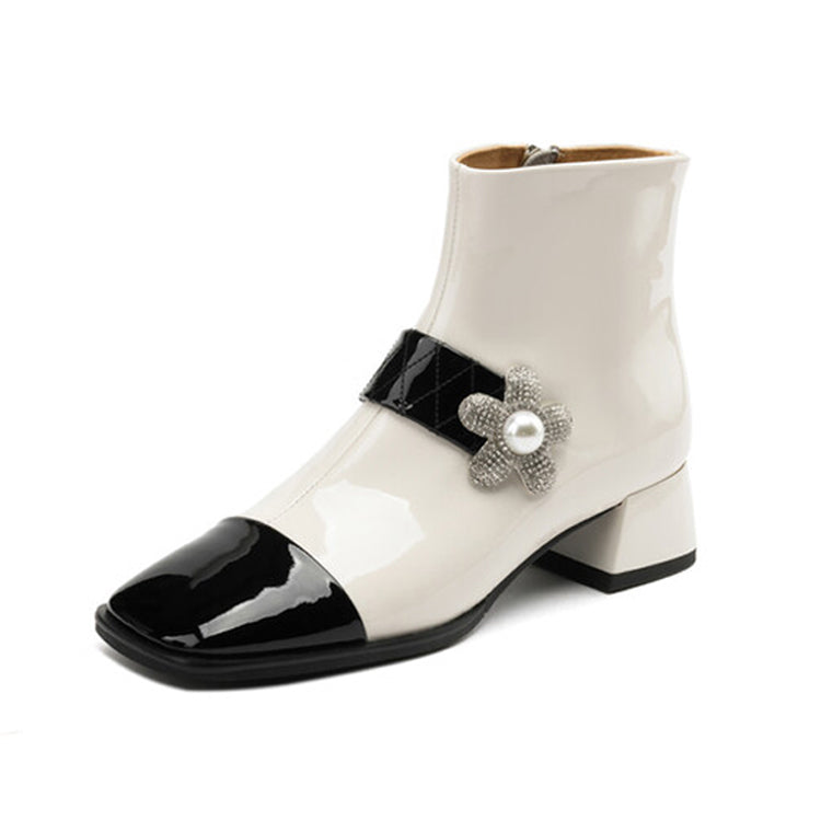 Isyou ibeauty Square Toe Flora Decoration Block Low Heel Short Boots Ankle Boots Y2606 Boots Y2606 White US5/EU34 Leather lining