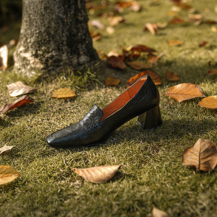Ladies Square Toe Leather Block Heel Loafers Y2446