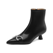 Isyou ibeauty Pointed Toe Bow Detail Leather Kitten Heel Ankle Boots Y2596 Boots Y2596 Black Leather lining US5/EU34