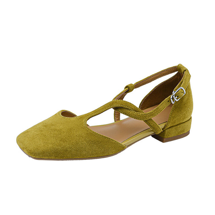 Ladies Square Toe Cross-strap Suede Flat Shoes