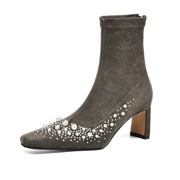 Women's Chunky Heel Stretch Ankle Boots with Pearl Embellishment Y2545 Ankle Boots Y2545 Grey US5/EU34 Unlined