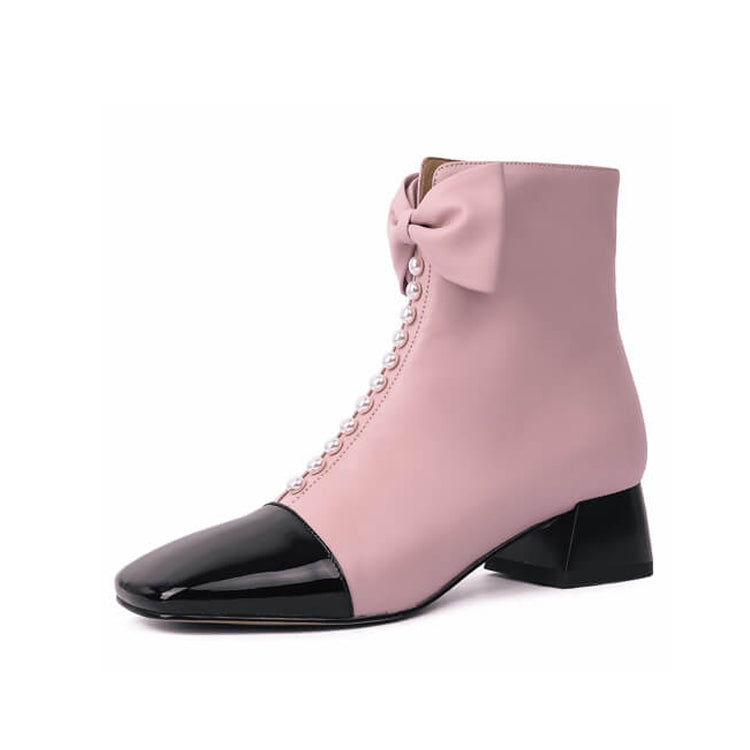 Women's Bow Detai Block Low Heel Ankle Boots Y2739 Boots Y2739 Pink US5/EU34