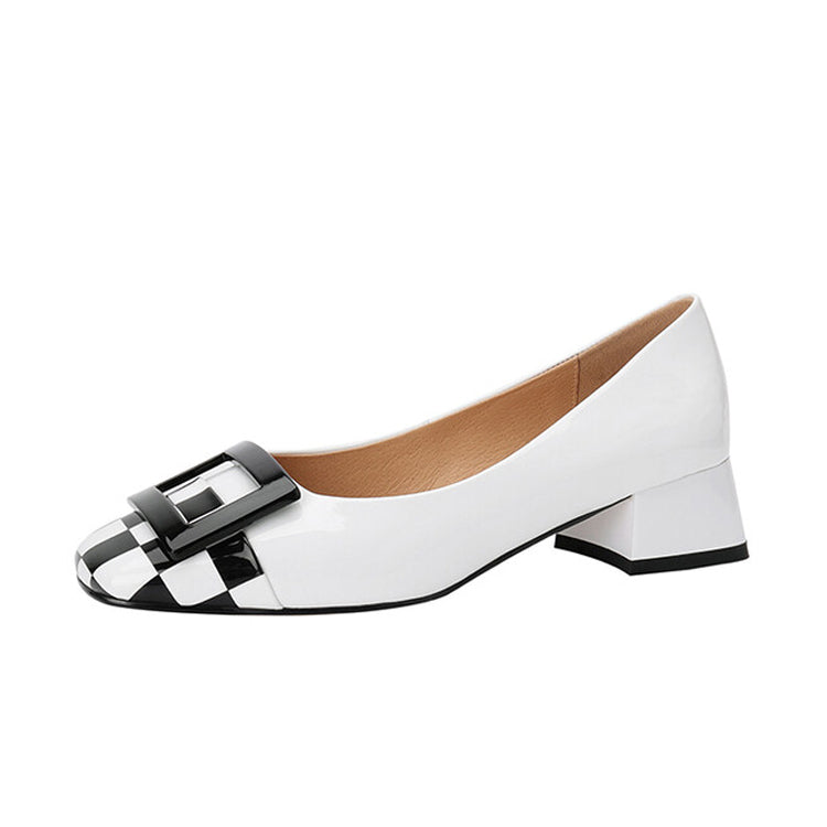 Ladies Round Toe Buckle Detail Block Low Heel Pumps