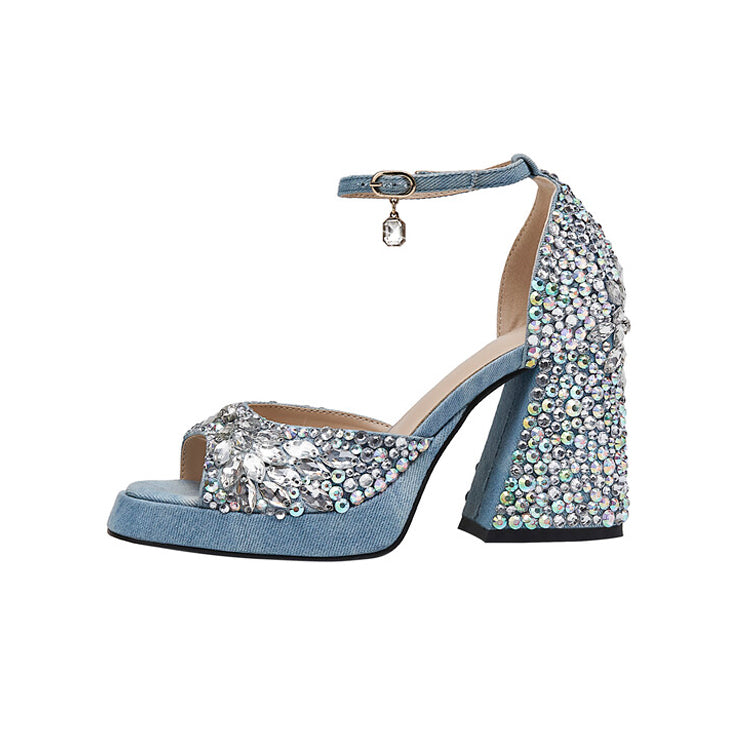 Ladies Peep Toe Denim Upper Ankle Strap Platform Sandals