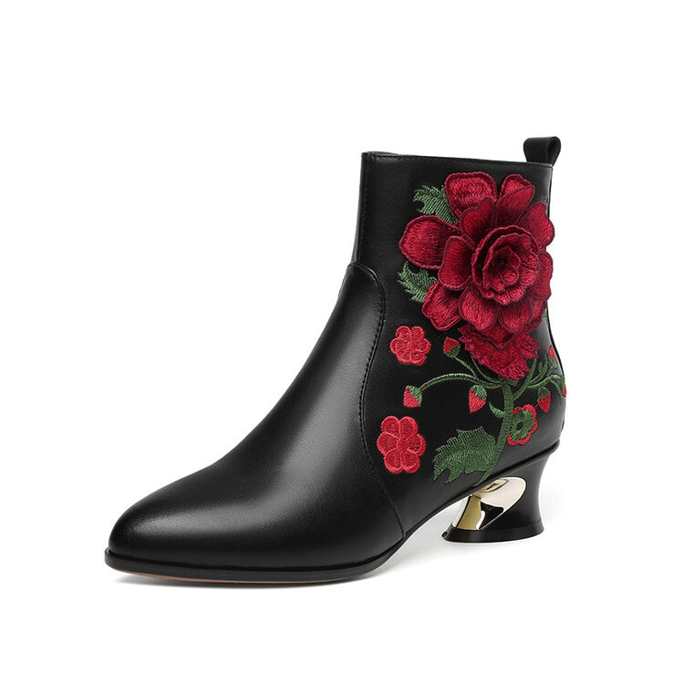 Ladies Pointed Toe Rose Embroidery Ankle Boots