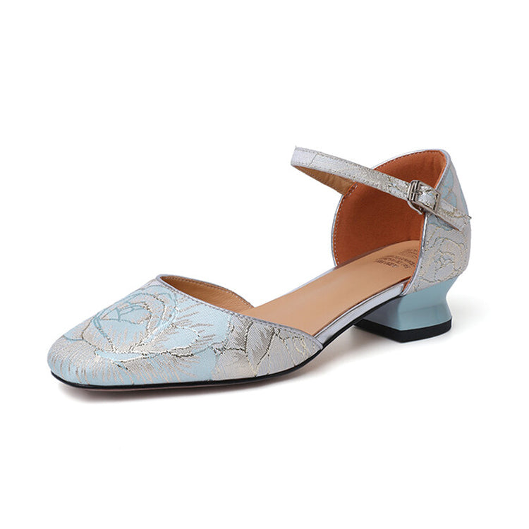 Ladies Square Toe Floral Print D'orsay Block Low Heel Pumps