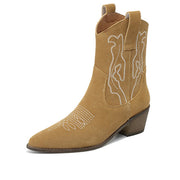 Isyou ibeauty Pointed Toe Chunky Heel Suede Western Ankle Boots Y2587 Boots Y2587 Yellow-brown US5/EU34