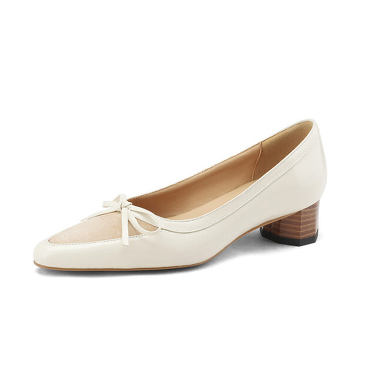 Ladies Pointy Toe Leather Bow Detail Block Low Heel Loafers Beige