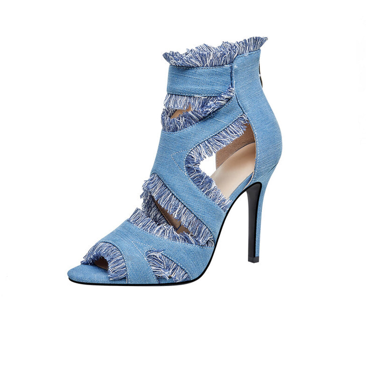 Ladies  Peep Toe Denim Upper Stiletto Heel Sandals