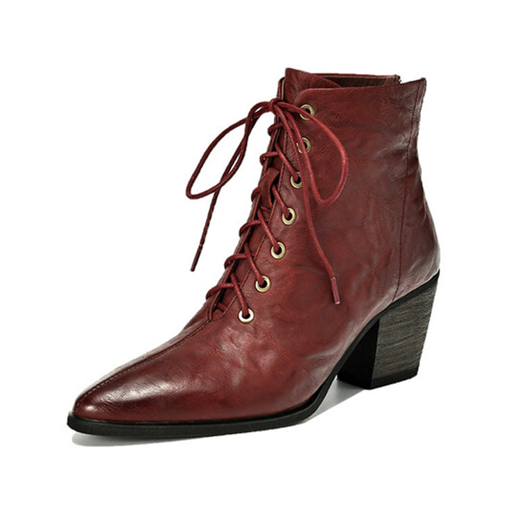 Women's Pointed Toe Chunky Heel Lace-Up Ankle Boots Y2526 Ankle Boots Y2526 Maroon Leather lining US5/EU34