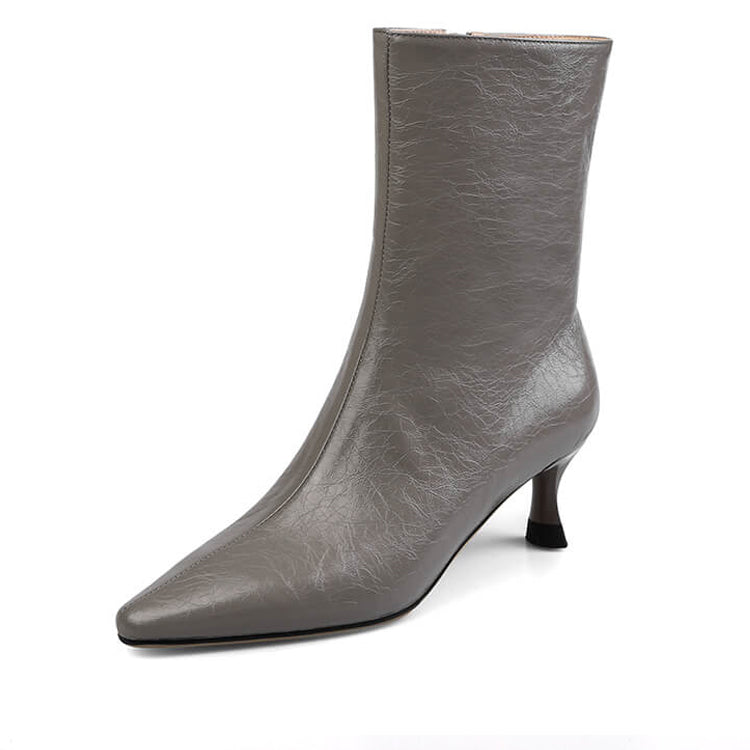 Ladies Pointed-Toe Leather Mid-calf Boots with Kitten Heel Ankle Boots Y2060 Grey US5/EU34