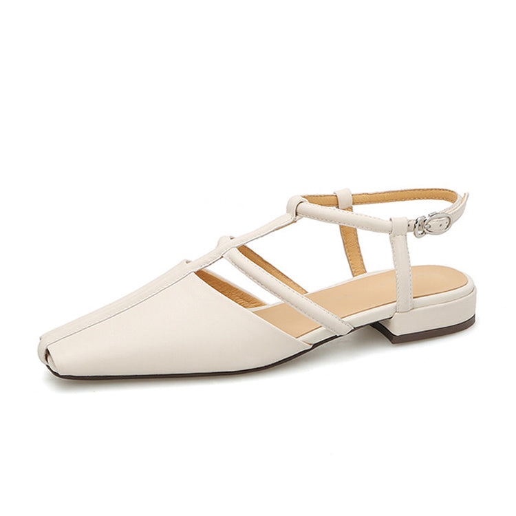 Ladies Square Toe T-Strap Leather Flats