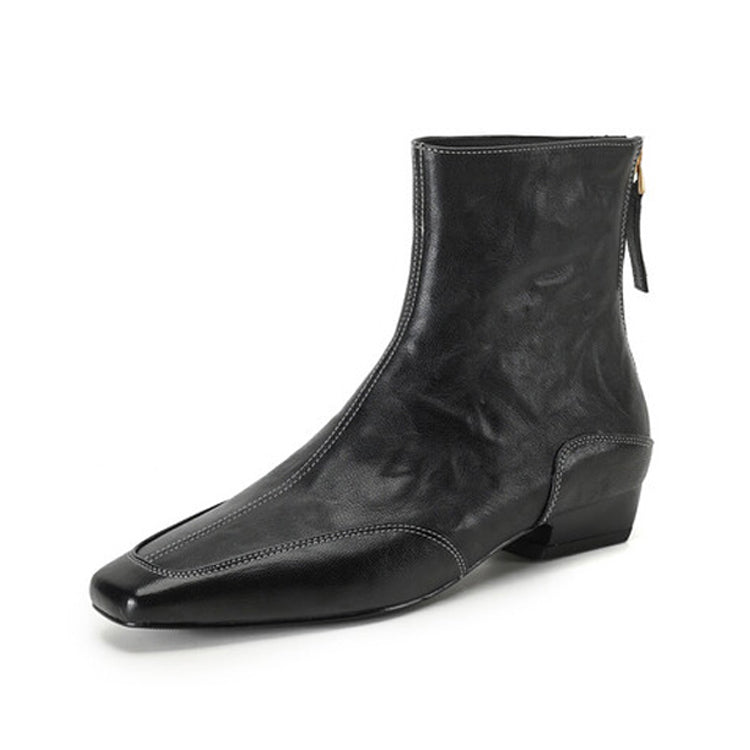 Isyou ibeauty Square Toe Leather Block Low Heel Ankle Boots Y2573 Boots Y2573 Black US5/EU34
