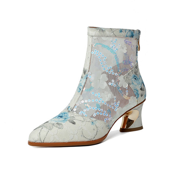 Floral Print Novelty Heel Ankle Boots Short Boots Y2696 Boots Y2696 Beige US5/EU34