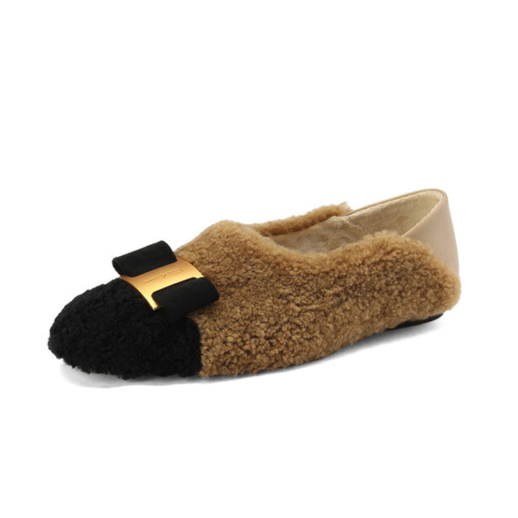 Ladies Round Toe Bow Detail Fur Flats