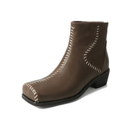 Isyou ibeauty Square Toe Vintage Stitched Leather Ankle Boots Y2562 Boots Y2562 Brown US5/EU34
