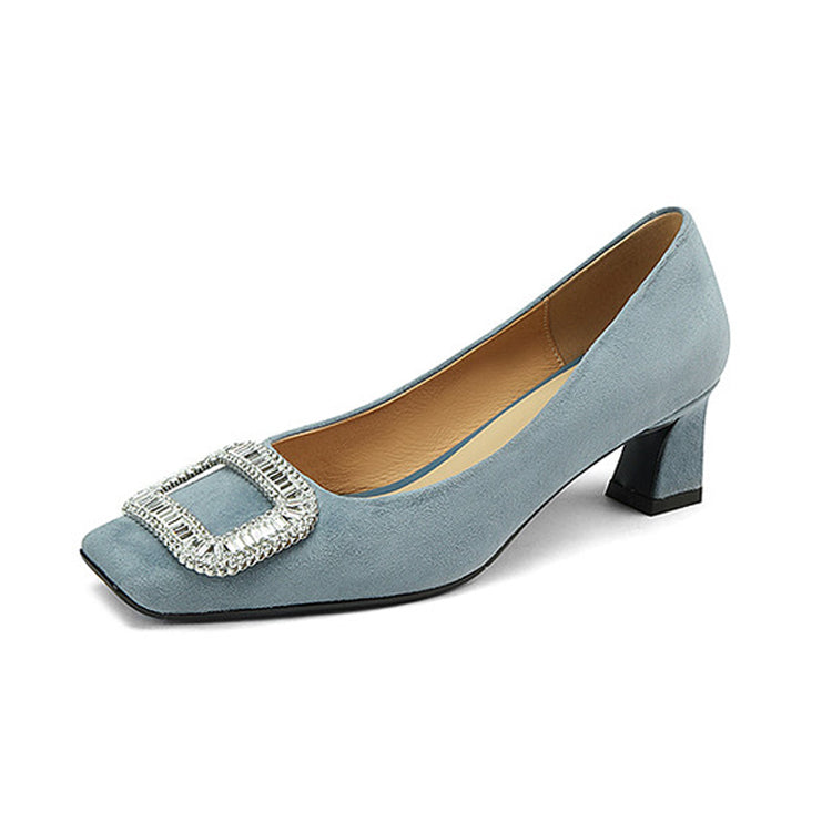 Ladies Square Toe Oversized Buckle Suede Block Heel Pumps