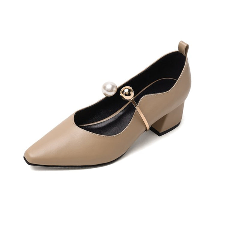 Ladies Pointy Toe Genuine Leather Block Low Heel Pumps