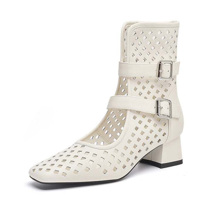 Ladies Leather Square Toe Laser-cut Upper Heeled Ankle Boots Ankle Boots Y2497 Beige US5/EU34