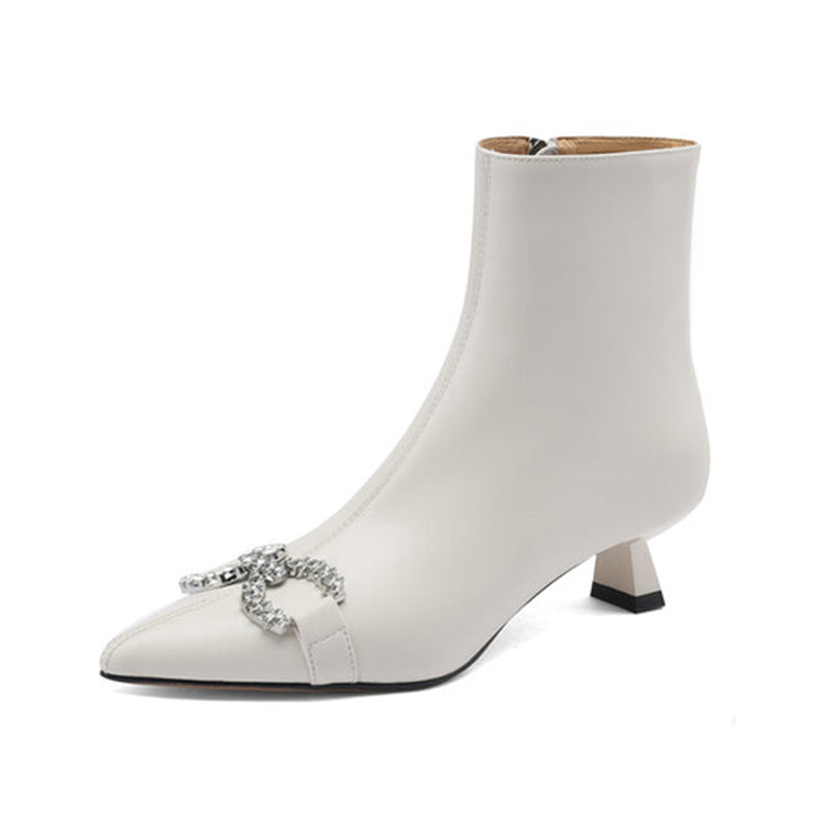 Isyou ibeauty Pointed Toe Bow Detail Leather Kitten Heel Ankle Boots Y2596 Boots Y2596 Beige Leather lining US5/EU34