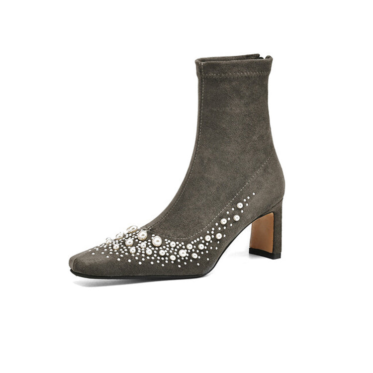 Women's Chunky Heel Stretch Ankle Boots with Pearl Embellishment Y2545