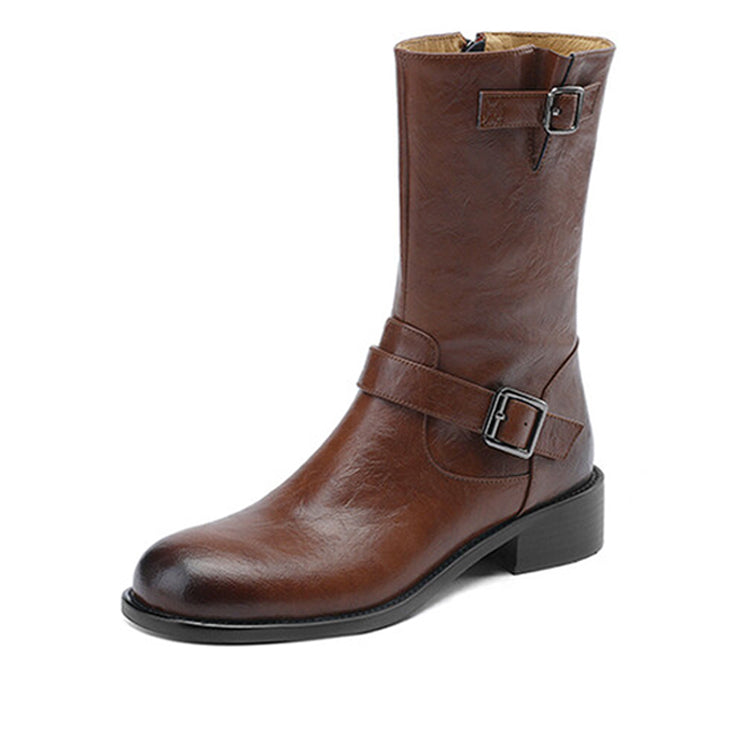 Isyou ibeauty Round Toe Leather Mid-Calf Boots Biker Boots Y2613 Boots Y2613 Brown US5/EU34 Leather lining
