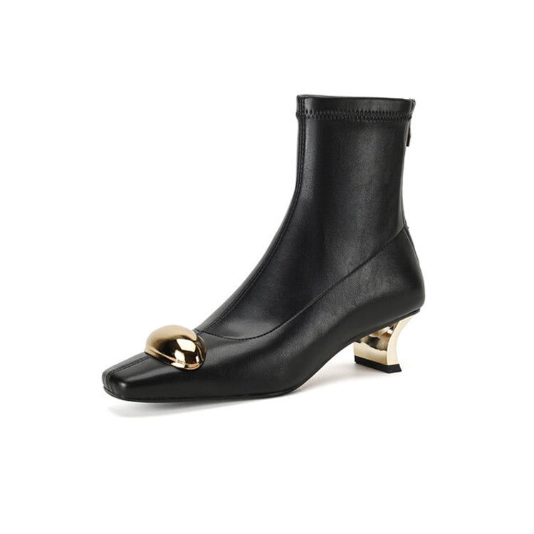 Isyou ibeauty Square Toe Metallic Embellished  Ankle Boots with Sculptural Heels Y2551