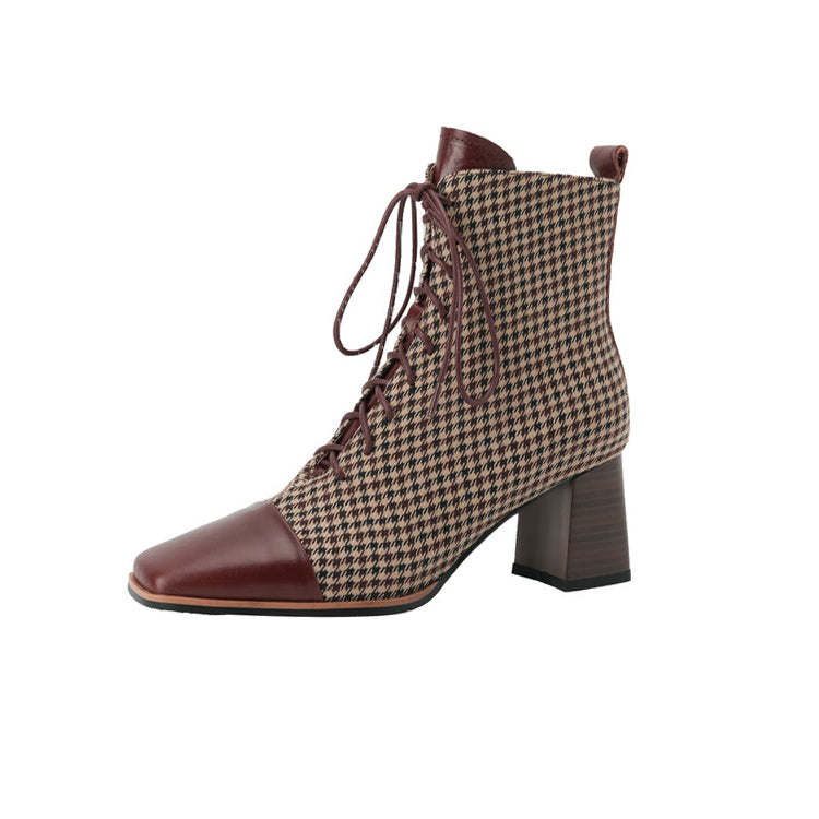 Isyou ibeauty Cap Toe Houndstooth Chunky Heel Ankle Boots Y2578