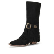 Ladies Fringed Embellished Suede Mid-Calf Western Boots Boots Y2121 Black US5.5/EU35