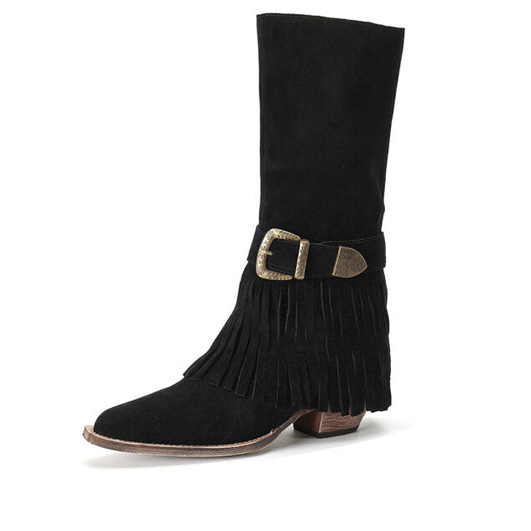 Ladies Fringed Embellished Suede Mid-Calf Western Boots Boots Y2121 Black US5.5/EU35