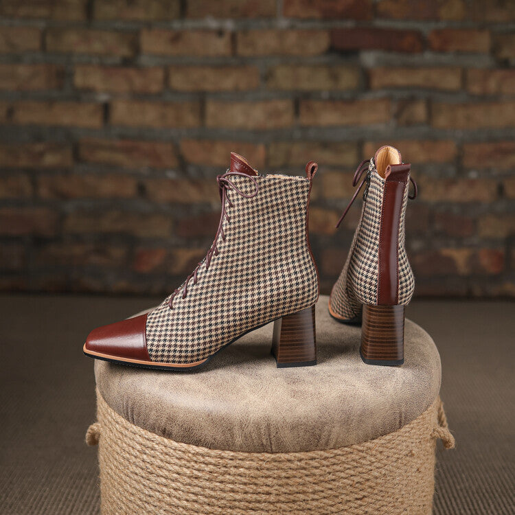 Isyou ibeauty Cap Toe Houndstooth Chunky Heel Ankle Boots Y2578